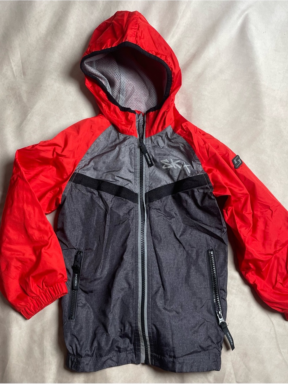 Skechers X-Celerate Boys Hooded Windbreaker Jacket Red Gray Full Zip Size M 5/6